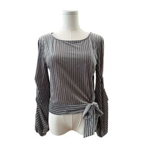 Women's Small Silver Tie Waist Burnout Striped Crushed Velvet Balloon Sleeve Top